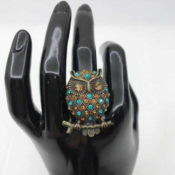 Unknown Jewelry - Retro Whimsigoth Bronze-Tone Owl Crystals Stretchy Statement Ring 8